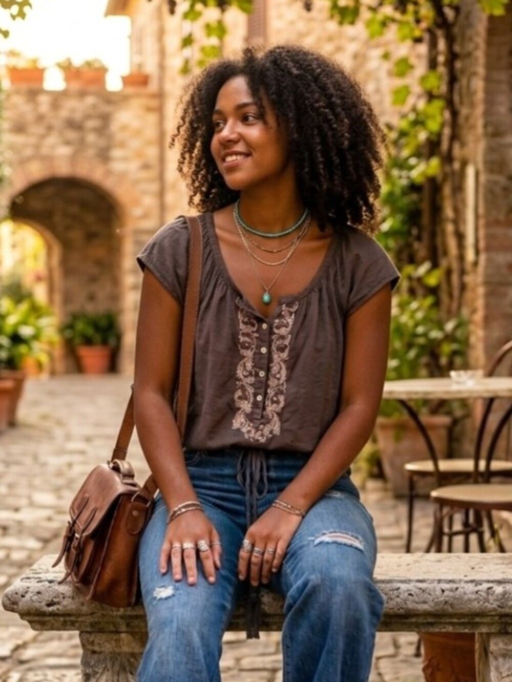 Y2K Grey Embroidered Scoop Neck Top - Casual Boho Style Buttons Lightweight
